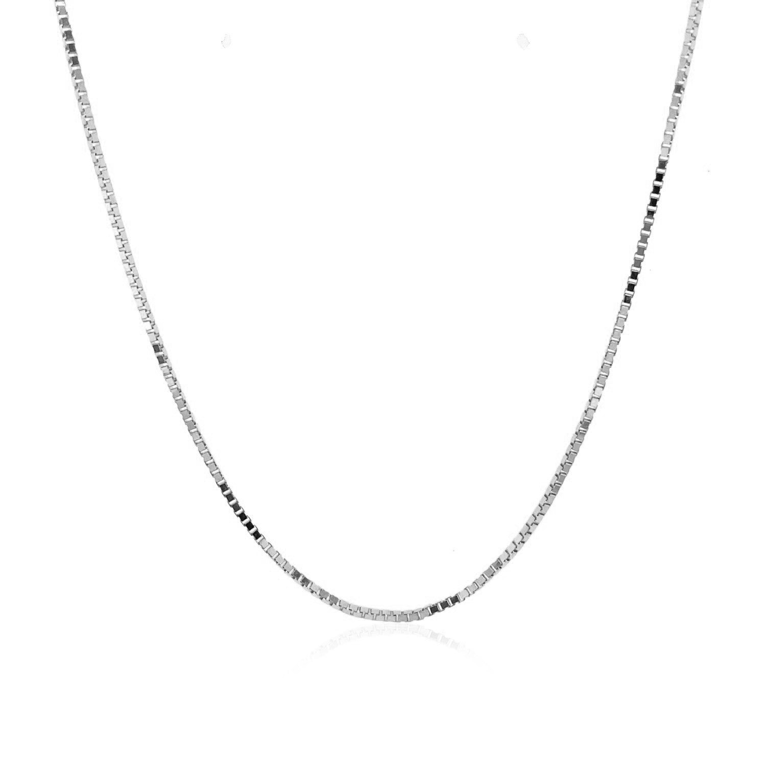 10k White Gold Classic Box Chain (0.94 mm) in a sleek high-contrast midnight luxury editorial style